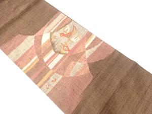 手織り紬花喰い鳥模様織出し袋帯